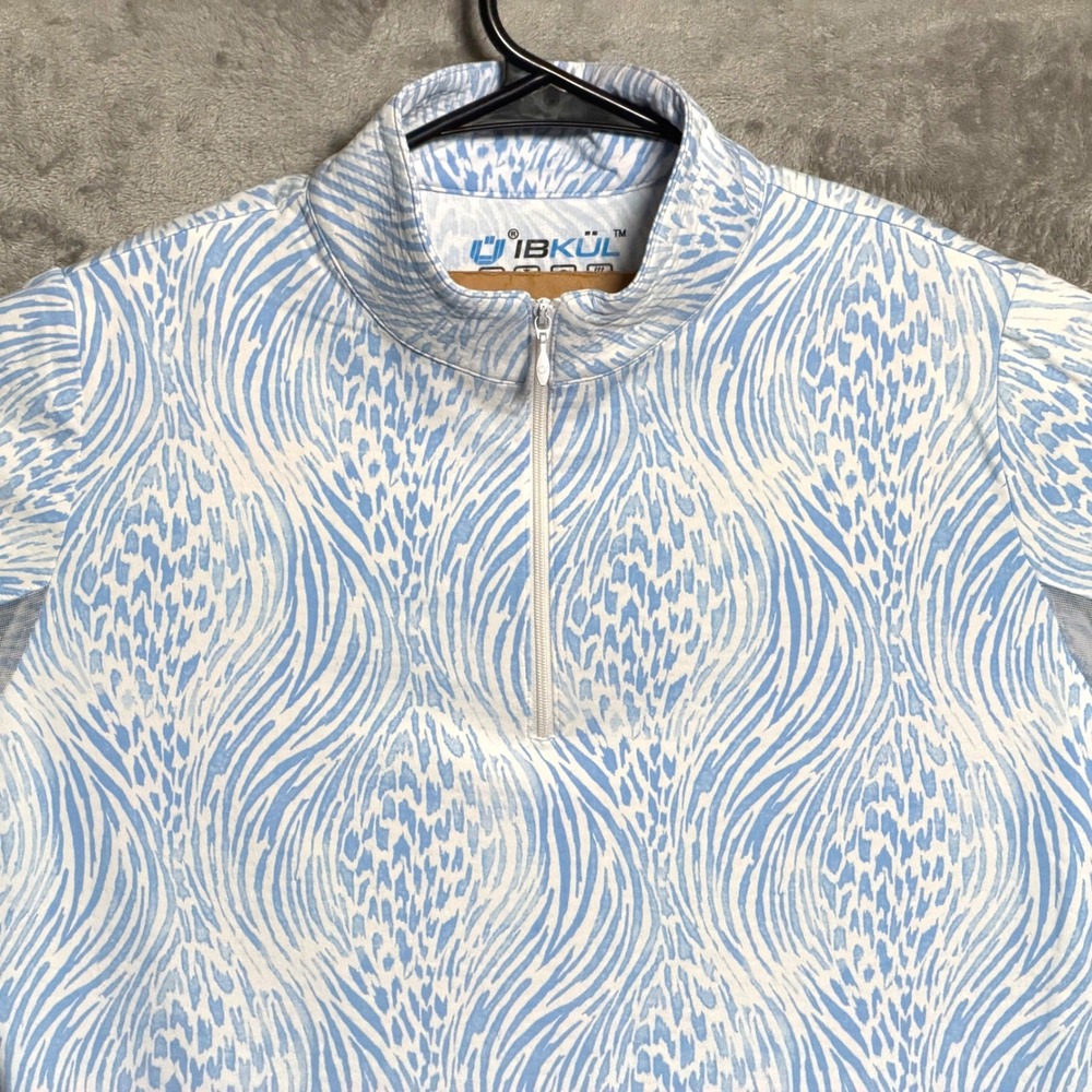 IBKUL Pullover Women Large Blue White 1/4 Zip Animal Print Mesh Sun Shirt Golf